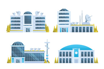 laboratory, research center or lab building vector illustration collection. Flat design front view concept for city illustration - obrazy, fototapety, plakaty