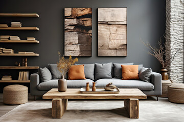Farmhouse home interior design of modern living room. Rustic accent barn wood coffee table near grey sofa with terra cotta pillows against black wall with shelves and posters. - obrazy, fototapety, plakaty