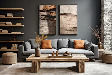 Fototapeten Farmhouse home interior design of modern living room. Rustic accent barn wood coffee table near grey sofa with terra cotta pillows against black wall with shelves and posters. © Vadim Andrushchenko