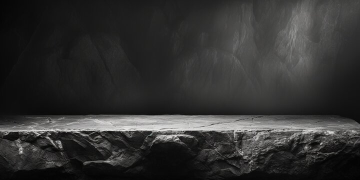 Black white rock stone mountain grunge background. Design. Wall table shelf floor. Product. Stage stand mockup.