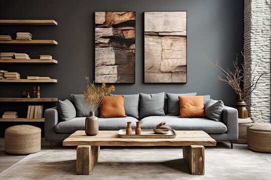 Farmhouse home interior design of modern living room. Rustic accent barn wood coffee table near grey sofa with terra cotta pillows against black wall with shelves and posters.