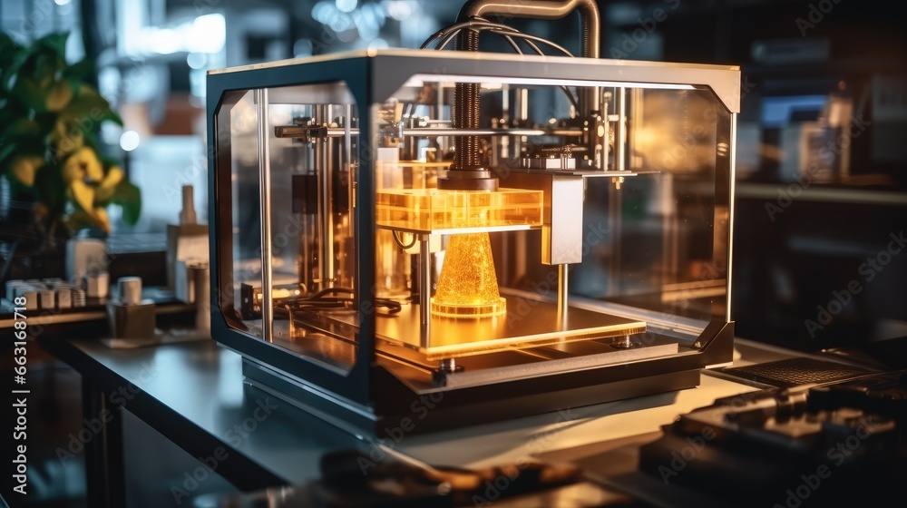 Poster shot of 3d printer working on a detailed, intricate object.