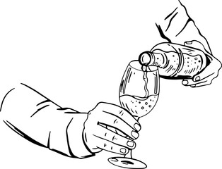 Outline illustration of bartender pouring wine from bottle into glass