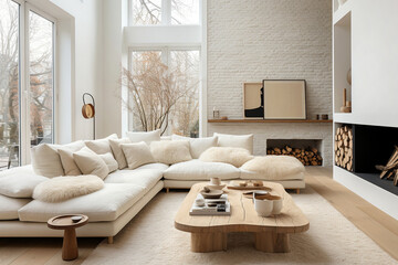 French country home interior design of modern living room. Wood slab coffee table near white corner sofa with fur pillows. Fireplace and white brick wall.