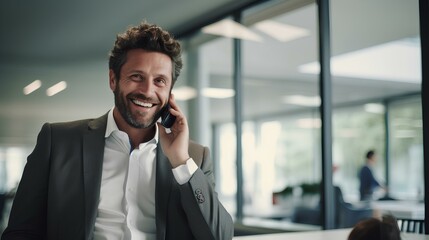 Businessman finalizing a sales deal over phone in office. generative AI