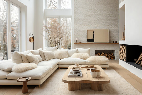 Fototapeta French country home interior design of modern living room. Wood slab coffee table near white corner sofa with fur pillows. Fireplace and white brick wall.