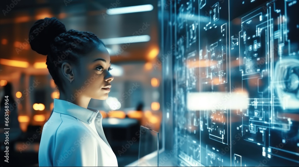 Leinwandbilder data engineer woman working with supercomputer server cabinets in a modern office of a technology co