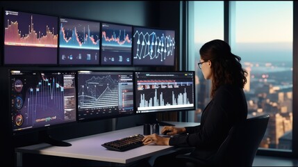 Business woman trading stocks, cryptocurrency and managing financial investment on laptop, Analytics Data Dashboard.