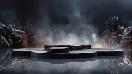  Black stone podium for product marketing dark and smoke background - Mock-up for exhibitions or presentation of cosmetic products or packaging - Ai © Impress Designers