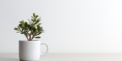 Closeup mockup of small artificial tree in white ceramic mug. alone on white.