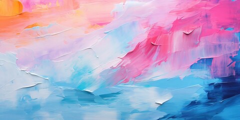 Closeup of abstract rough colorful multicolored neon blue, pink and yellow colored art painting texture, with oil brushstroke, pallet knife paint on canvas