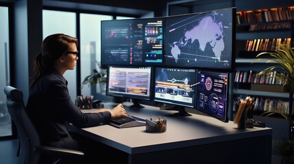 Business woman trading stocks, cryptocurrency and managing financial investment on laptop, Analytics Data Dashboard.