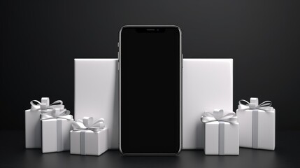 Black gift box with smartphone and white blank screen on grey background, 3 d rendering.