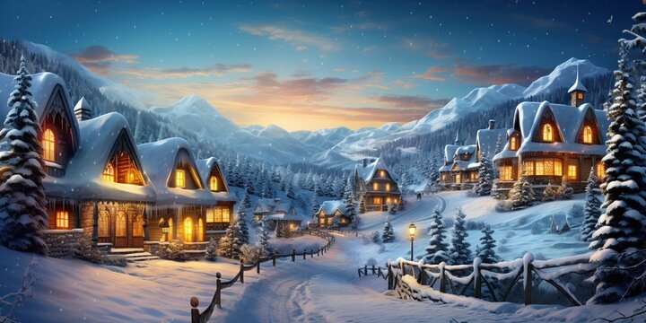 Christmas holiday landscape. Cute houses beautifully decorated with Christmas garlands in a snow - covered Alpine ski resort with evening star sky and snow.