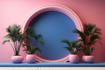 Obraz premium golden glass frame on podium in front of pink leaves