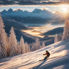 The sheer delight of skiing in a winter wonderland, with the mountains draped in frost, bringing happiness to the slopes