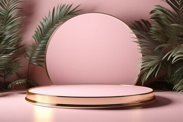 golden glass frame on podium in front of pink leaves
