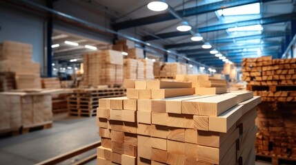 Stacked wooden bars in furniture manufacturing factory.