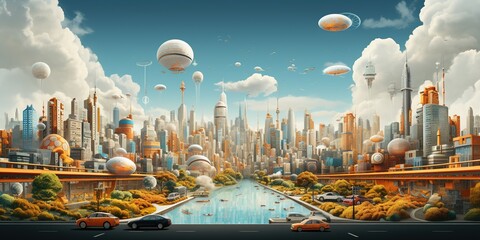 Create an illustration of a future city with multi - story skyscrapers and magnetic cars - obrazy, fototapety, plakaty
