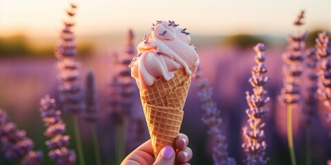 Delicious lavender ice cream. Female hand holding natural lavender ice cream in wafer cone on blurred lavender field background. Trendy healthy dessert.
