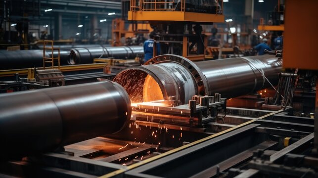 Steel pipe internal seam welding by longitudinal tack welding machine in heavy industrial plants.