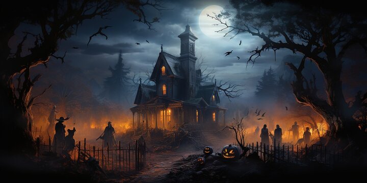 Dimly lit Halloween haunted mansion with ghostly figures nearby and on steps amongst the foggy trees