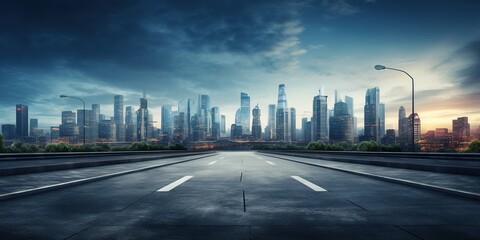 Fototapeta premium Empty asphalt road with city skyline