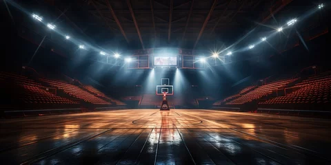 Schilderijen op glas Empty basketball arena, stadium, sports ground with flashlights and fan sits © Coosh448