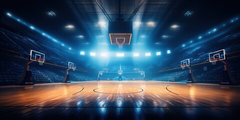 Empty basketball arena, stadium, sports ground with flashlights and fan sits - obrazy, fototapety, plakaty