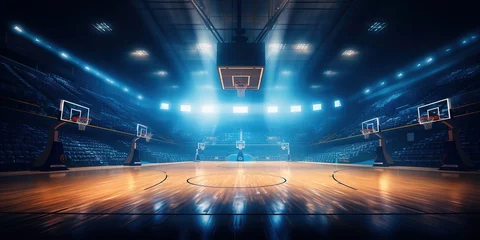 Fototapeten Empty basketball arena, stadium, sports ground with flashlights and fan sits © Coosh448