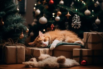photo of a cat sleeping under the decorated Christmas tree, gift boxes and Christmas decorations. illusion and cat, the best combination