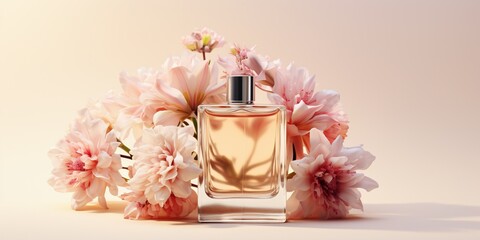 Empty perfume bottle mockup on light background with different flowers for cosmetic branding.