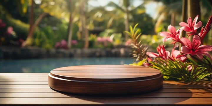 Empty round wooden podium with tender exotic fowers on wooden table opposite tropical spa resort background. Scene stage showcase for beauty and spa products, cosmetics, promotion sale or advertising