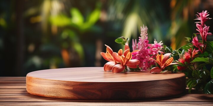 Empty round wooden podium with tender exotic fowers on wooden table opposite tropical spa resort background. Scene stage showcase for beauty and spa products, cosmetics, promotion sale or advertising