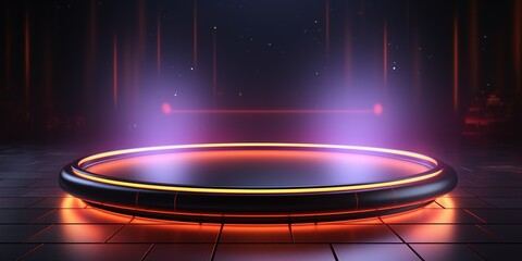 Glowing neon circle with platform with mockup space