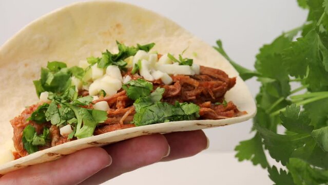 A chef sprinkles fresh green cilantro onto a corn tortilla with tender beef and cheese as part of the step-by-step process of preparing Quesabirria tacos, a delicious Mexican dish