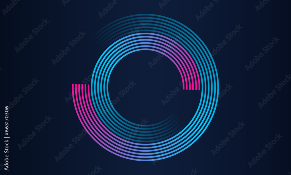 Poster abstract circle line pattern spin blue pink light isolated on black background in the concept of mus