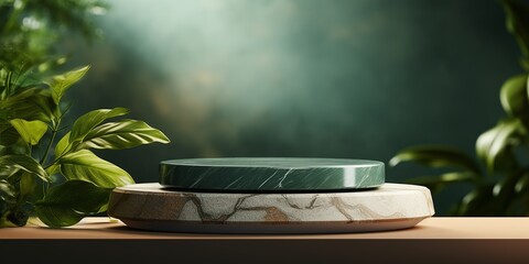 Green background podium product platform for nature beauty cosmetic stage scene. Abstract rock...