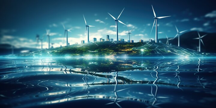 Graphic image of rotating wind generator on the dark blue water surface background. Sustainable wind energy process. Virtual data technology. Green energy production. Mockup - Powered by Adobe