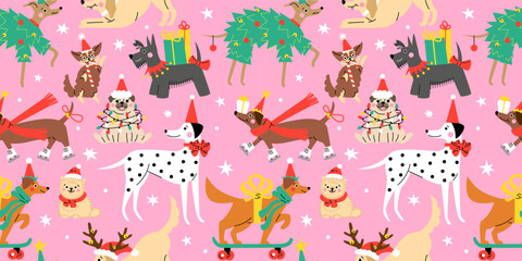 Seamless pattern with Cute cartoon dogs wearing different Christmas outfits.  Hand drawn vector illustration. Funny xmas background. - 663170500