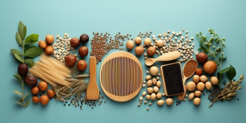 Hair care banner with wooden combs, ingredients for mask for hair, vitamins for health hair, natural oils and accessories on a blue background. Natural beauty products for hair