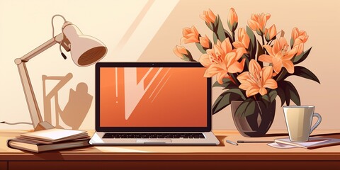 Illustration of a modern laptop on a sleek desk with a decorative vase with flowers