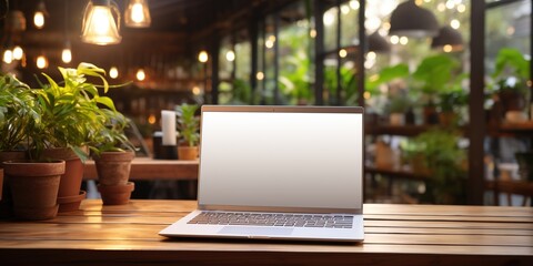 Image featuring a laptop mockup with a blank screen, positioned on a wooden desk in a well - lit workspace - obrazy, fototapety, plakaty