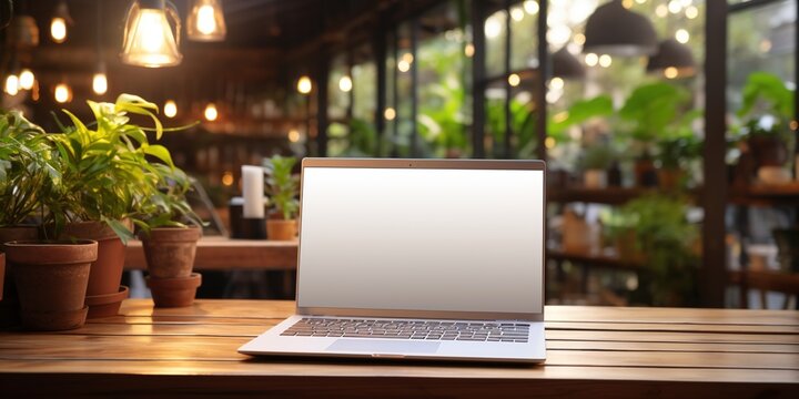 Image featuring a laptop mockup with a blank screen, positioned on a wooden desk in a well - lit workspace