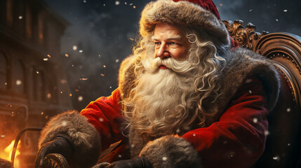 Fototapeta na wymiar Old Santa Claus sits in his sleigh