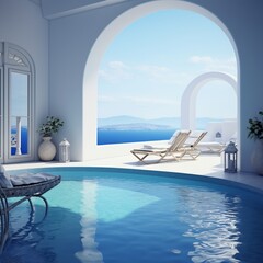 luxury swimming pool in santorini. 3d rendering. 