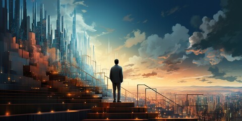Man standing on stairs looking at growing graphs in city sky - obrazy, fototapety, plakaty