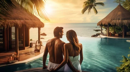 Fotobehang luxury travel, romantic beach getaway holidays for honeymoon couple, tropical vacation in luxurious hotel.  © Abbassi