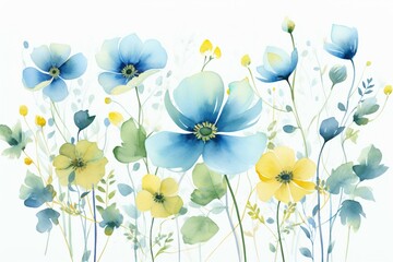 Watercolor flowers in teal, blue, and yellow with green stems and leaves. Realistic background. Generative AI