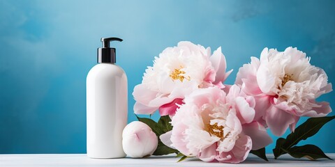 Mock up of natural, flower beauty product. White cosmetic bottle with two beautiful, pink peonies on a blue background with copy space.